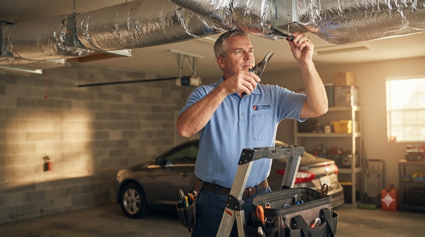Orlando technician improving indoor air quality on home ductwork