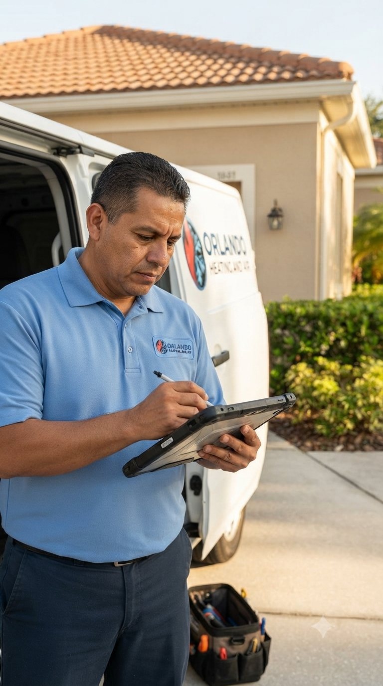 Orlando technician logging a maintenance visit on a tablet