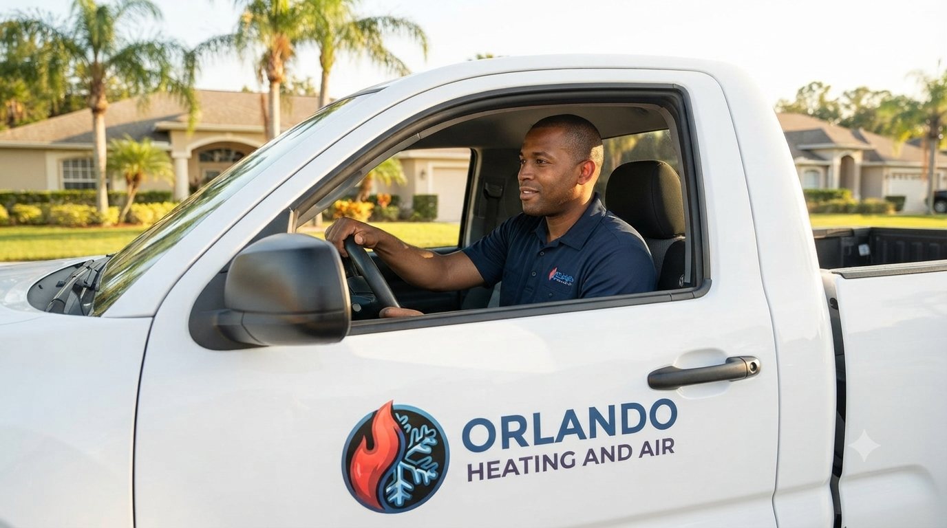 Orlando Heating and Air service truck arriving at a home