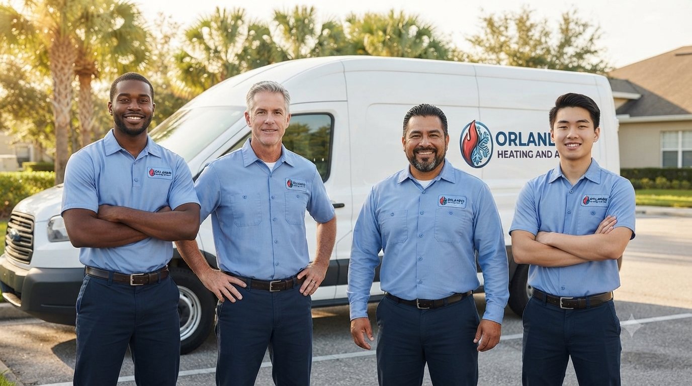 Orlando Heating and Air technician team in front of a service van