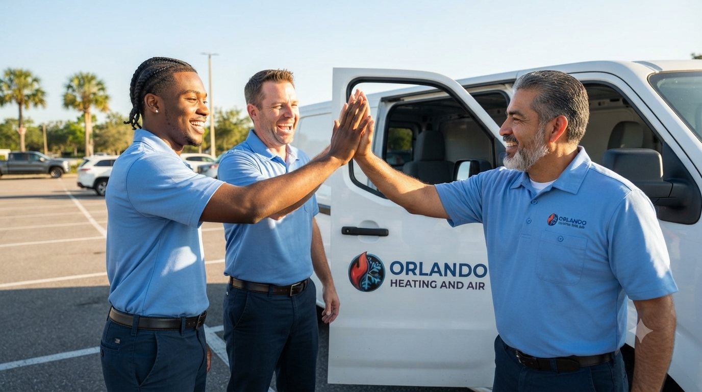 Orlando Heating and Air technicians celebrating after a completed job