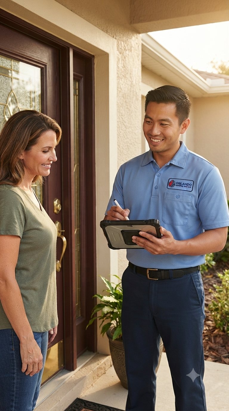 Orlando HVAC technician reviewing heating repair with a homeowner